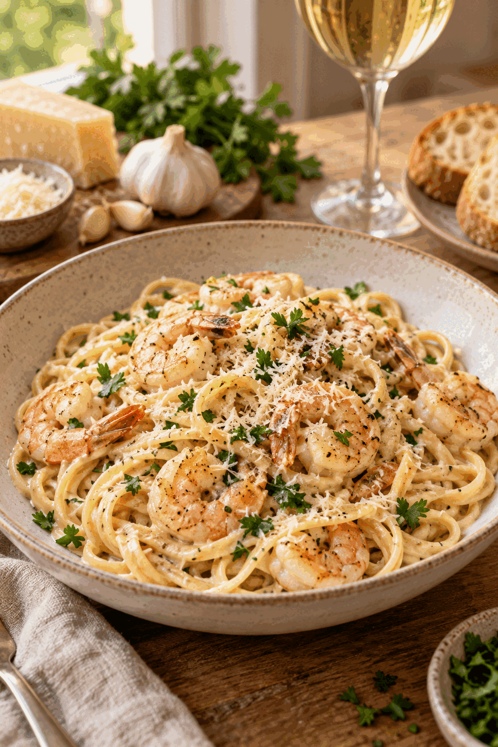 Creamy garlic shrimp pasta with Parmesan and parsley