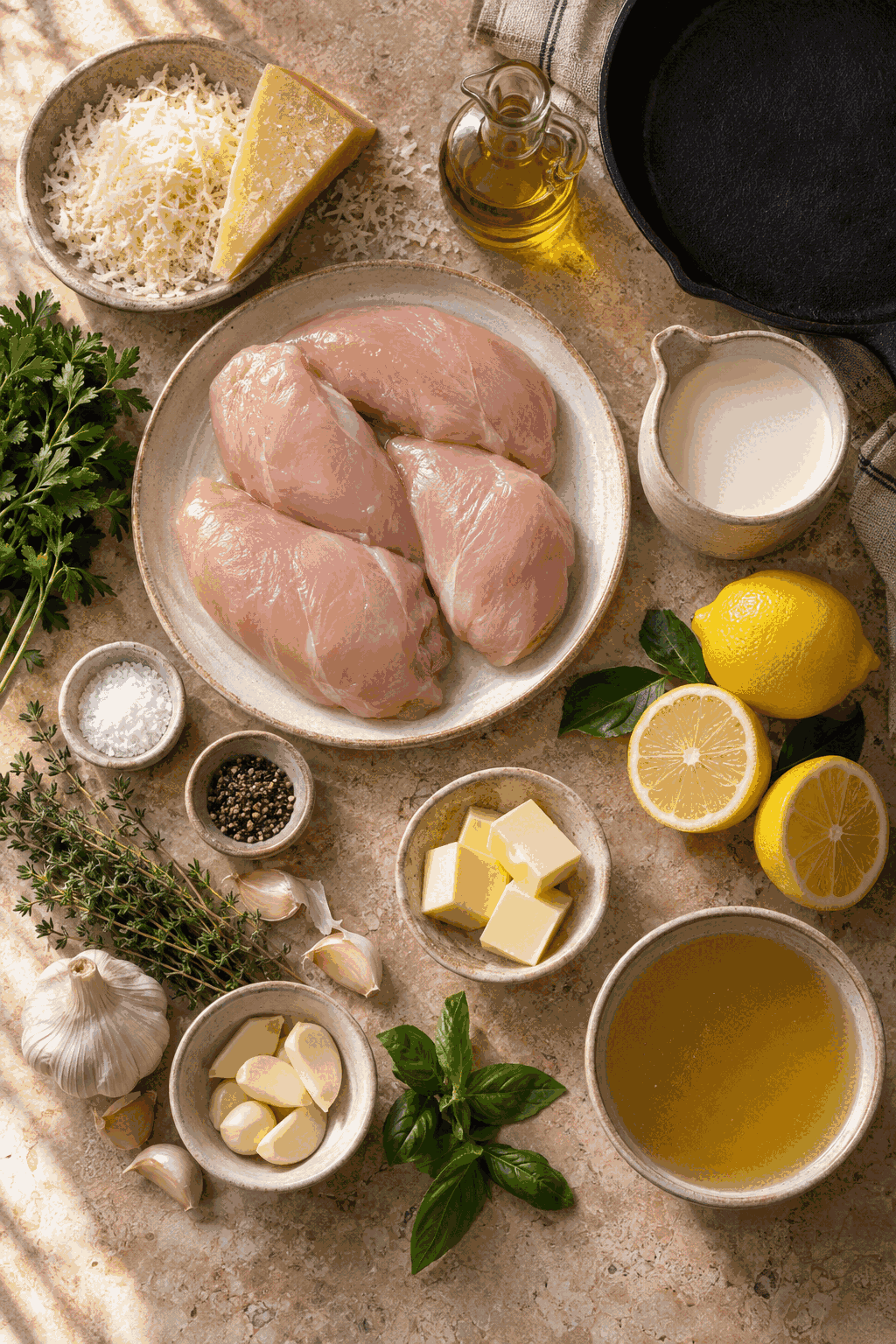 creamy lemon parmesan chicken ingredients arranged on a counter