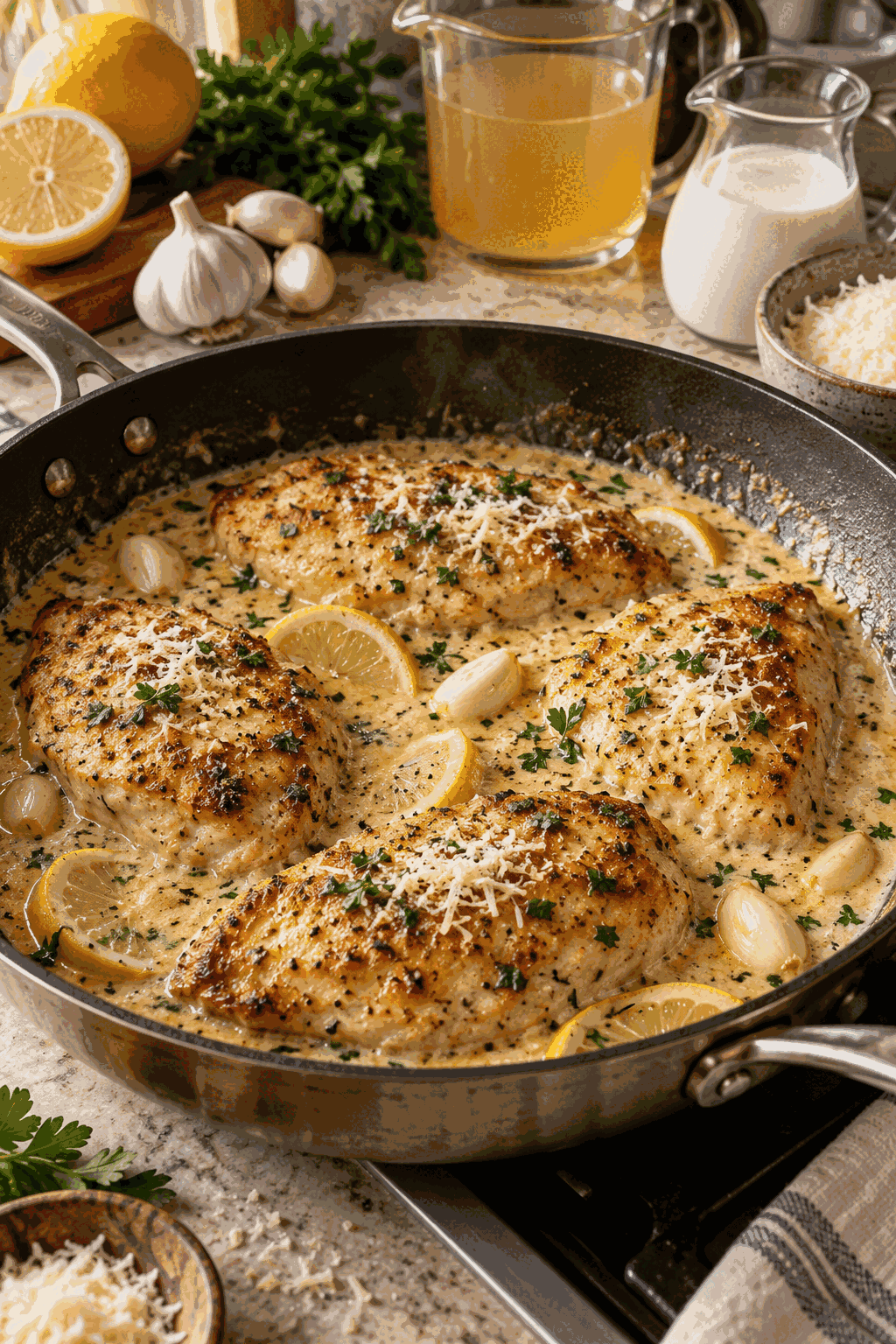 creamy lemon parmesan chicken cooking in a skillet