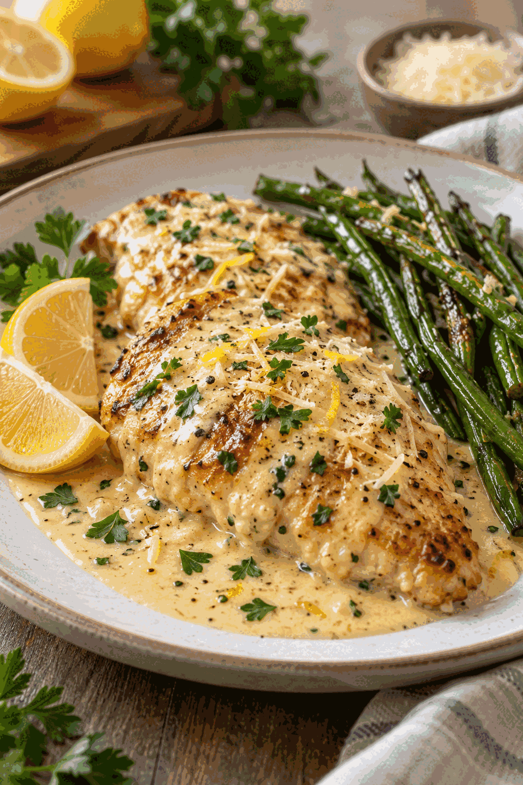 finished creamy lemon parmesan chicken with lemon sauce