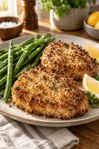 Crispy air fryer Parmesan-crusted pork chops on a plate