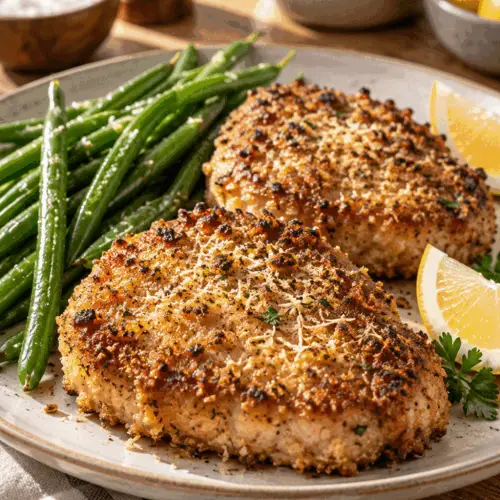 Crispy air fryer Parmesan-crusted pork chops on a plate