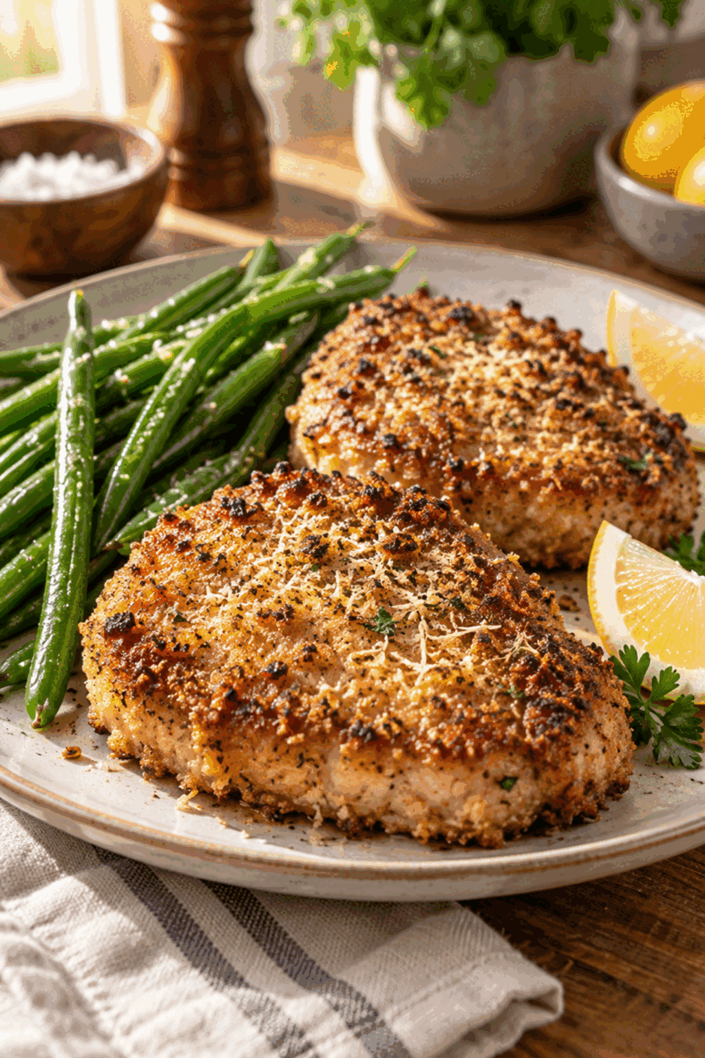 Crispy air fryer Parmesan-crusted pork chops on a plate
