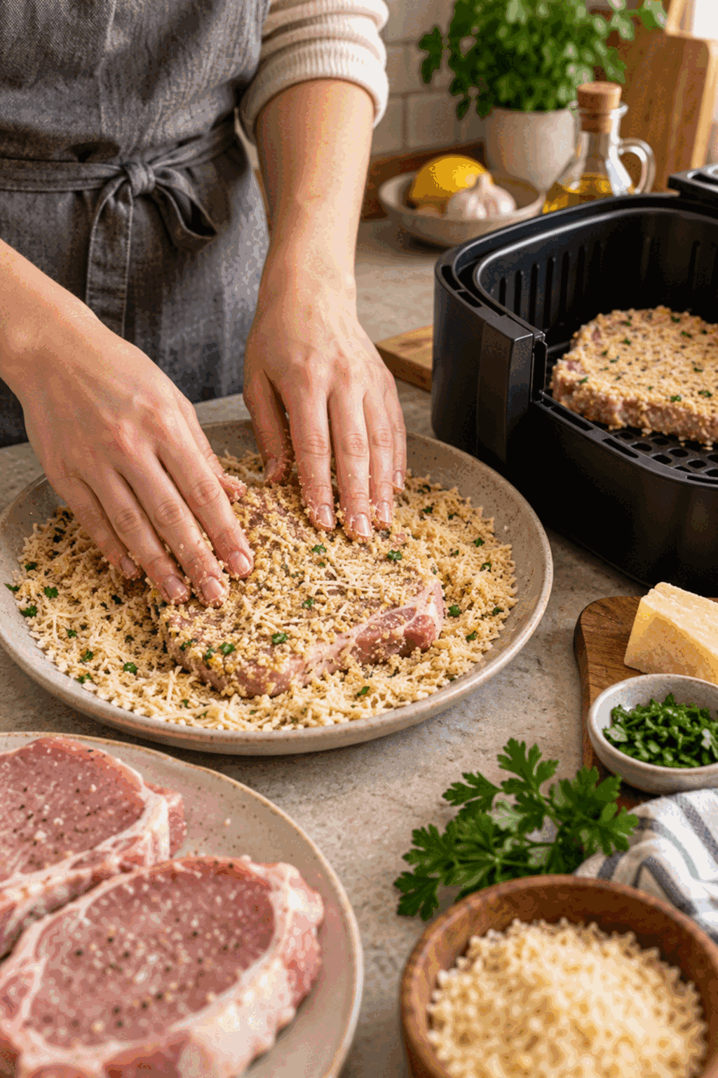 Coating pork chops in Parmesan breadcrumbs