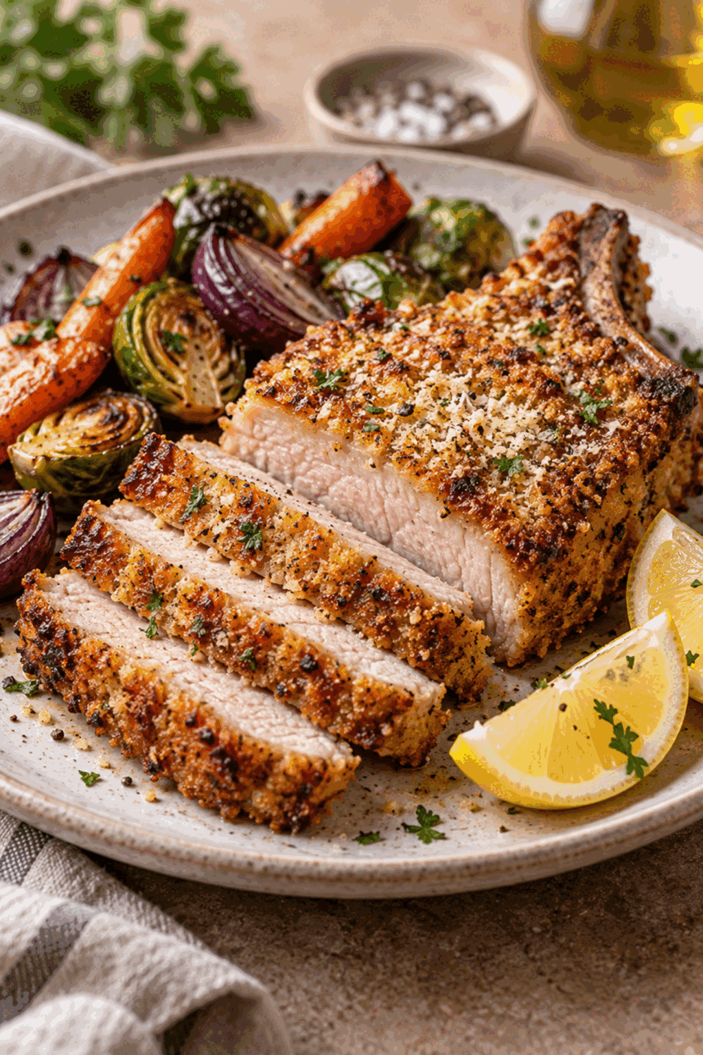 Golden air fryer Parmesan-crusted pork chops ready to serve