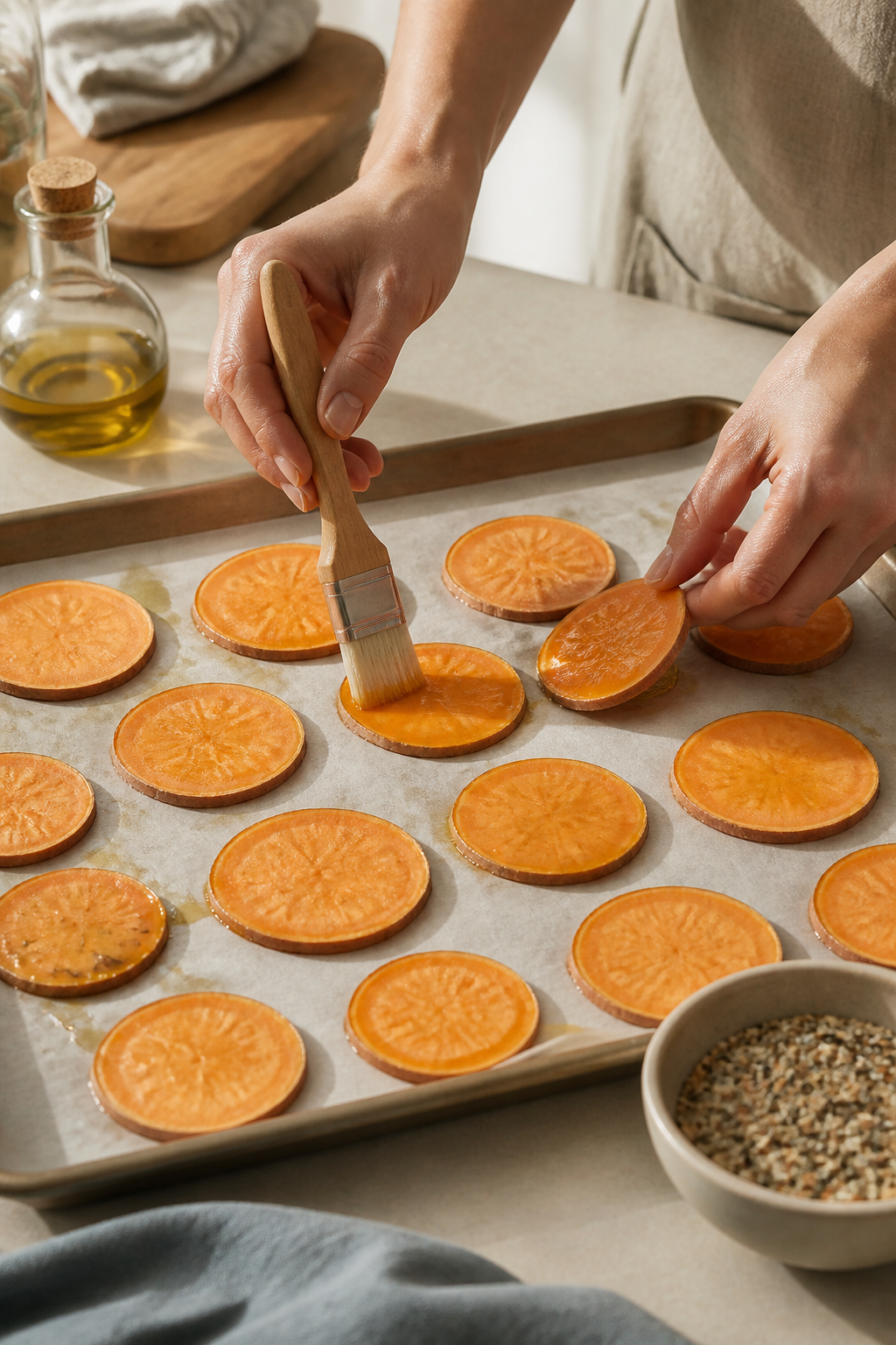 sweet potato everything bagel chips preparation in progress