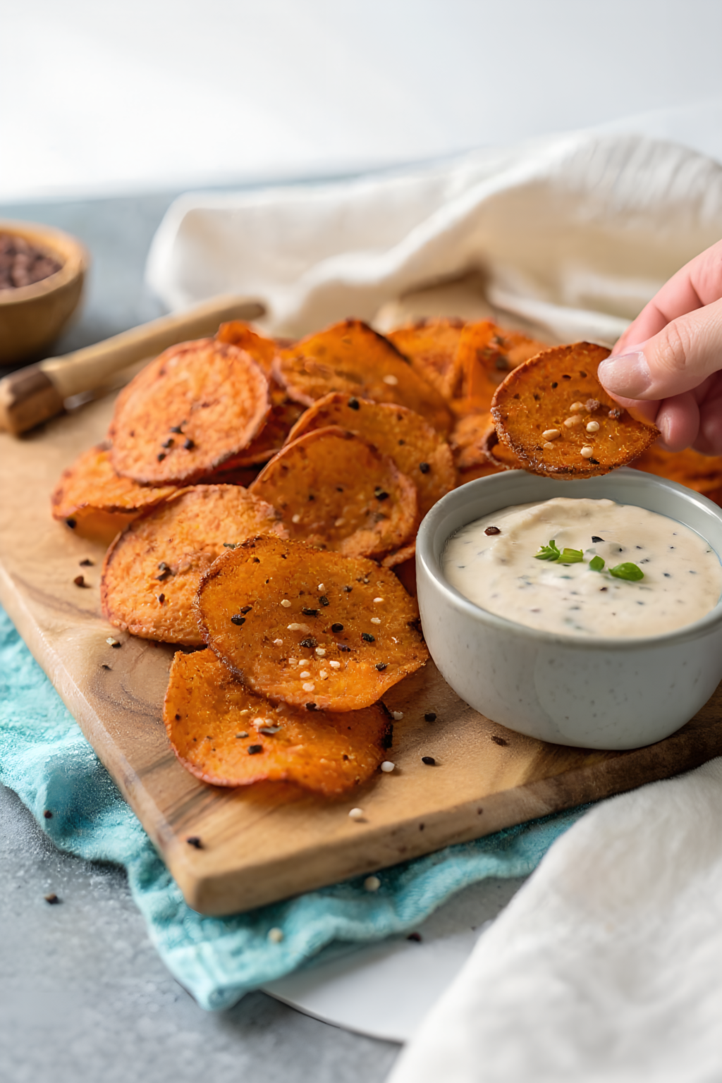 sweet potato everything bagel chips finished and ready to serve
