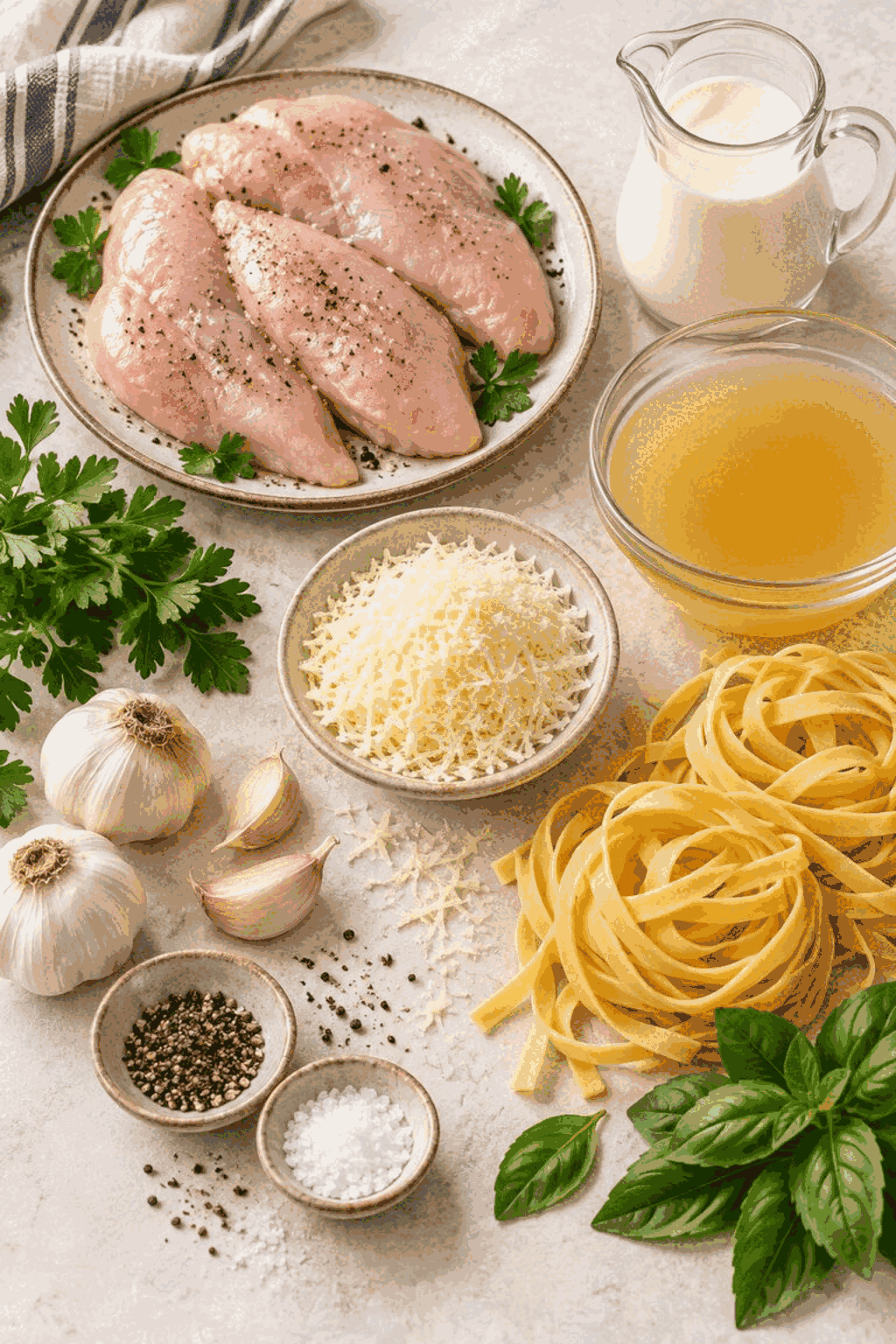 Ingredients for crock pot chicken alfredo arranged for cooking