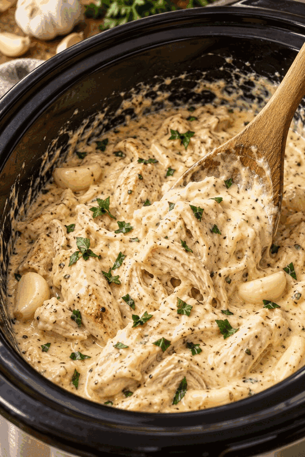 Chicken and creamy sauce in the slow cooker for crock pot chicken alfredo