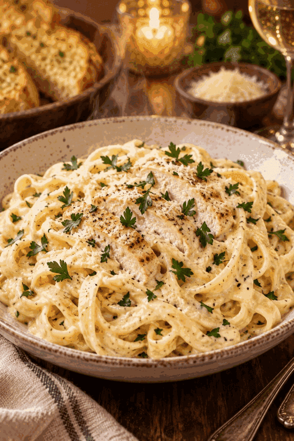 Finished crock pot chicken alfredo with Parmesan sauce and parsley