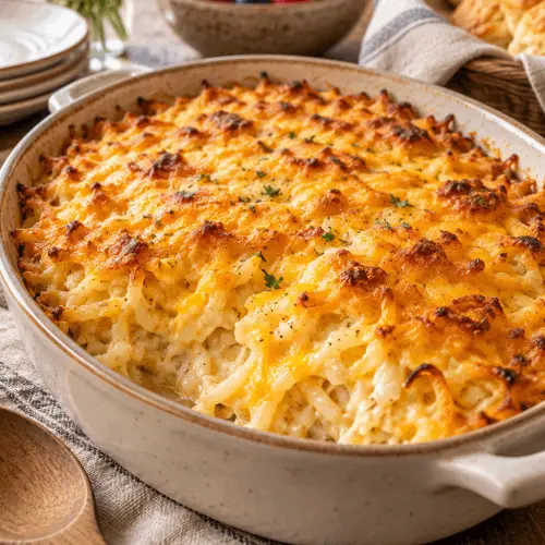 Crockpot Cracker Barrel hash brown casserole served hot