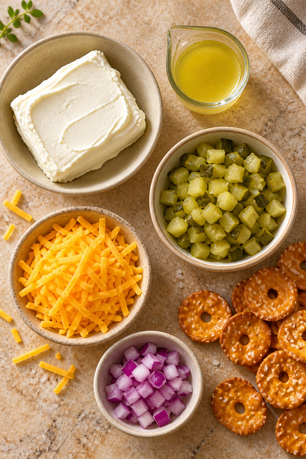 dill pickle dip ingredients measured and arranged