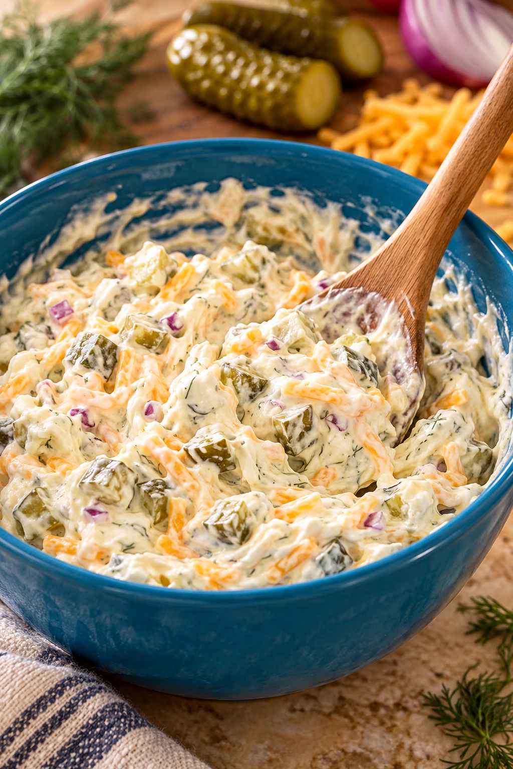 dill pickle dip being mixed in a bowl