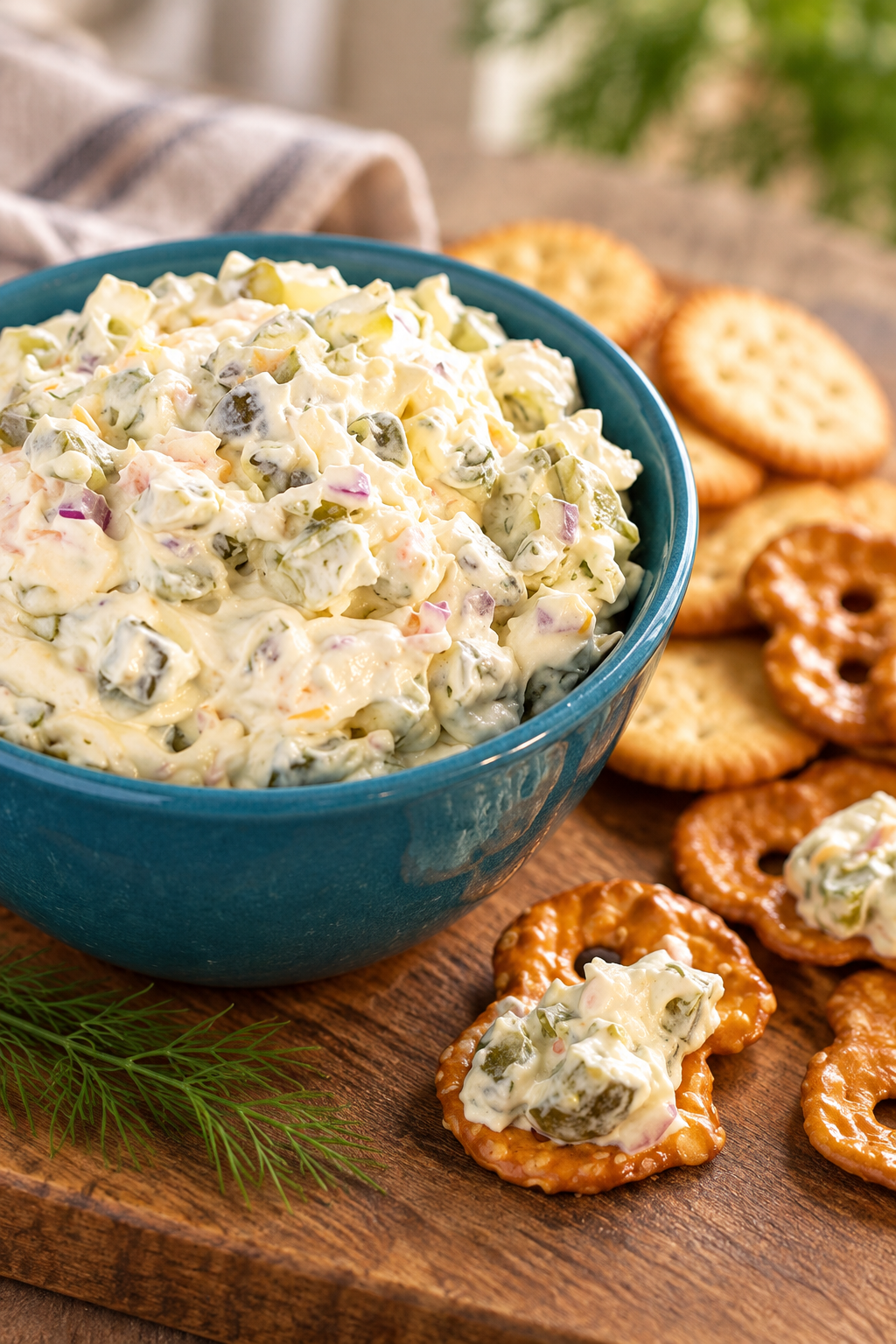 dill pickle dip served with pretzel chips