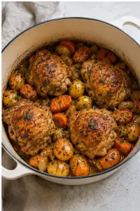 Dutch oven chicken and potatoes ready to serve
