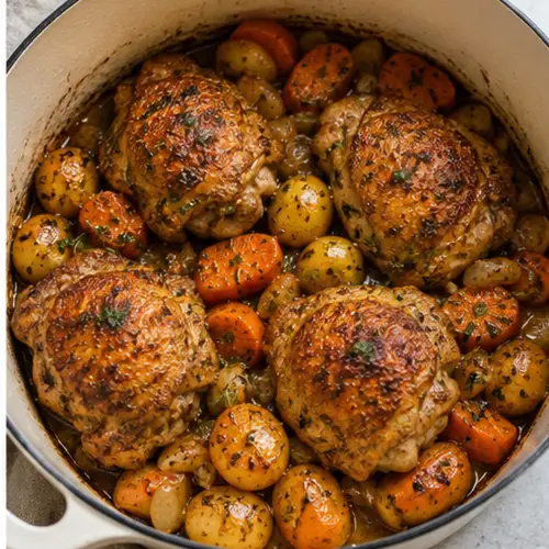 Dutch oven chicken and potatoes ready to serve