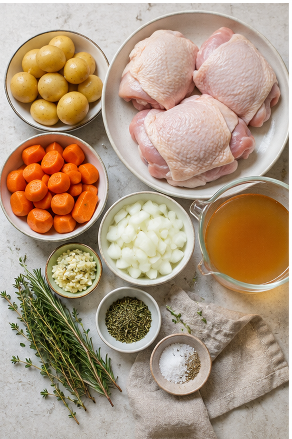 Ingredients measured for Dutch oven chicken and potatoes