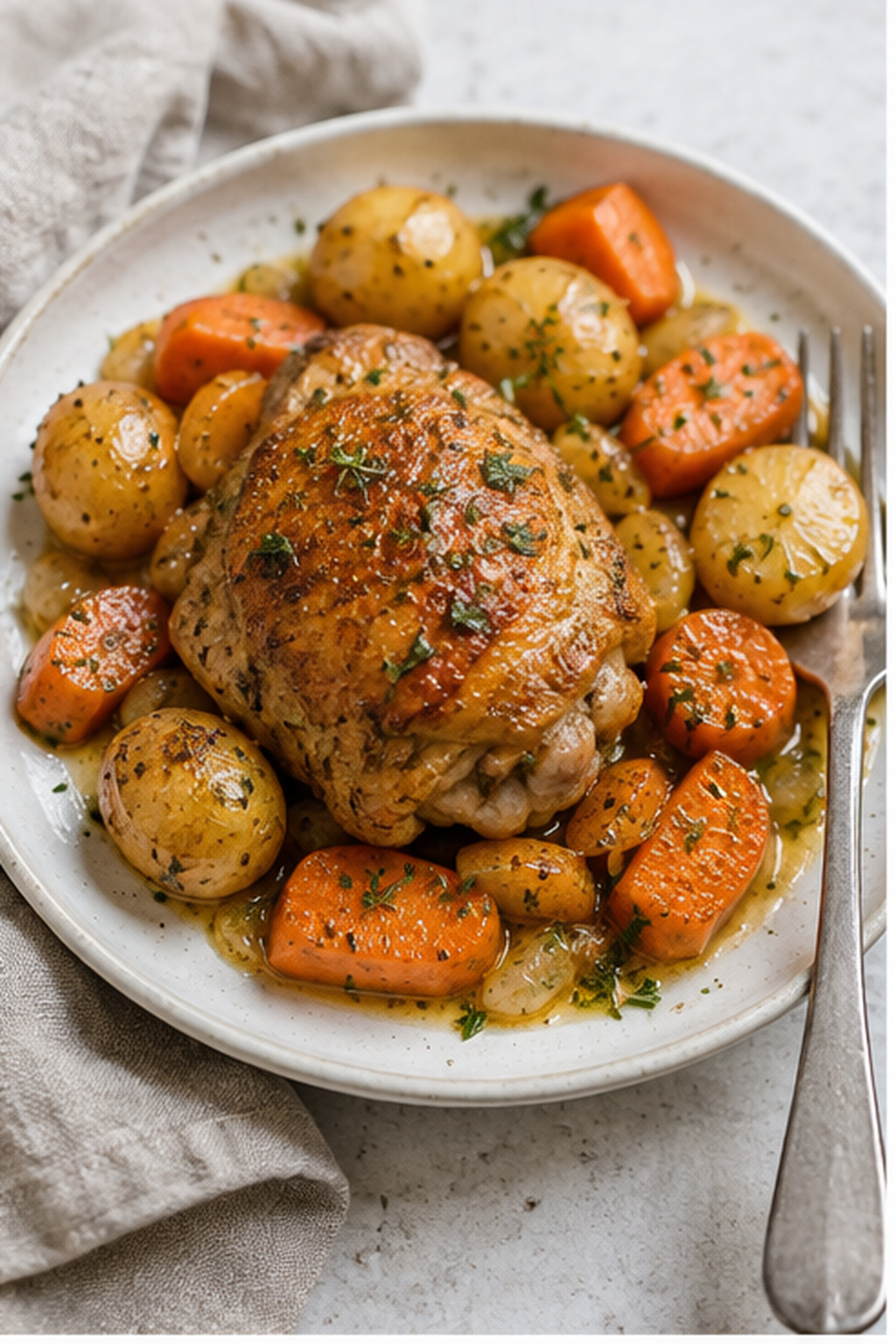 Finished Dutch oven chicken and potatoes shown close up