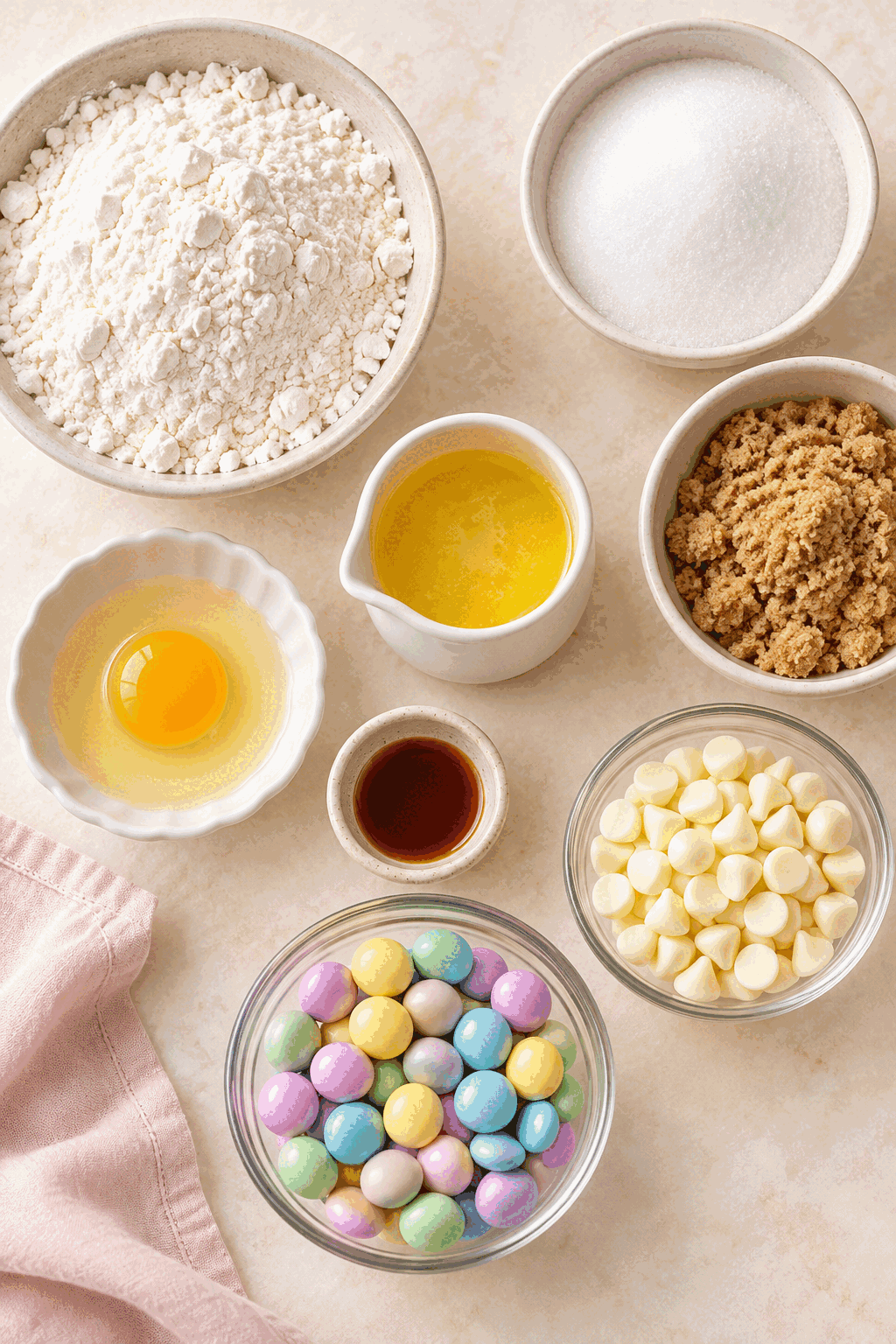 Easter M&M cookies ingredients arranged for baking