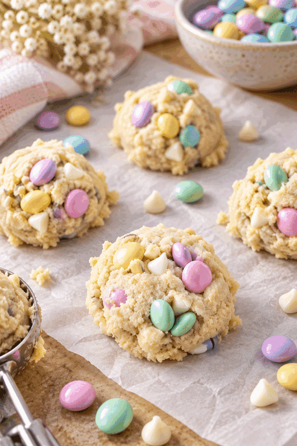 Easter M&M cookies baking on a tray