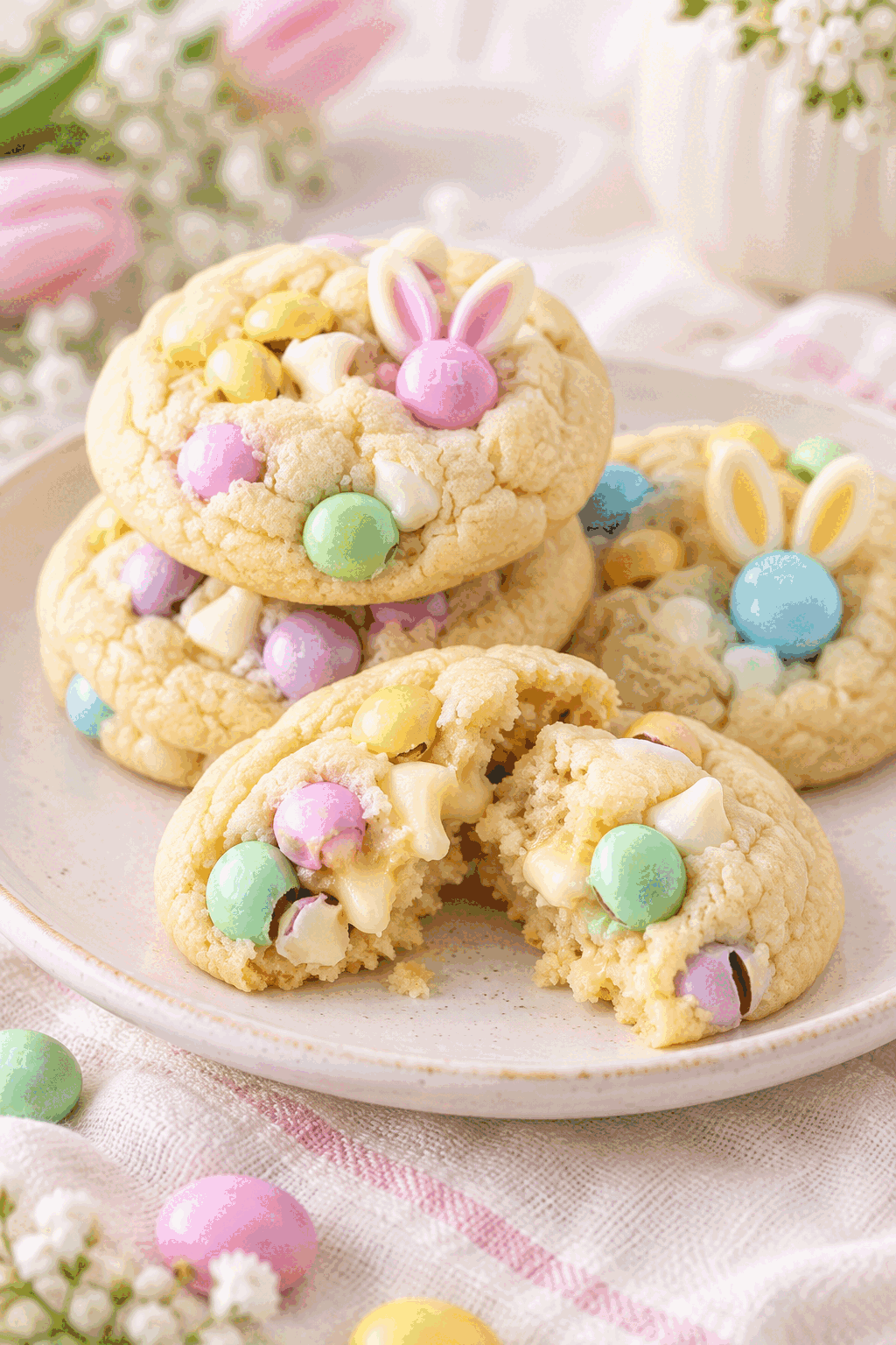 Finished Easter M&M cookies with pastel bunny-ear candies