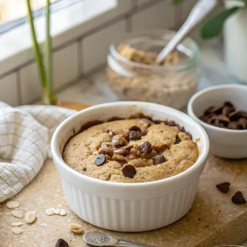 Baked oats in a white ceramic ramekin