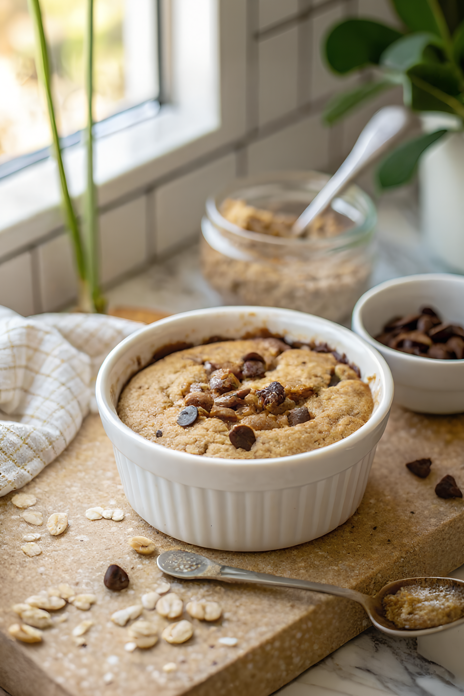 Baked oats in a white ceramic ramekin