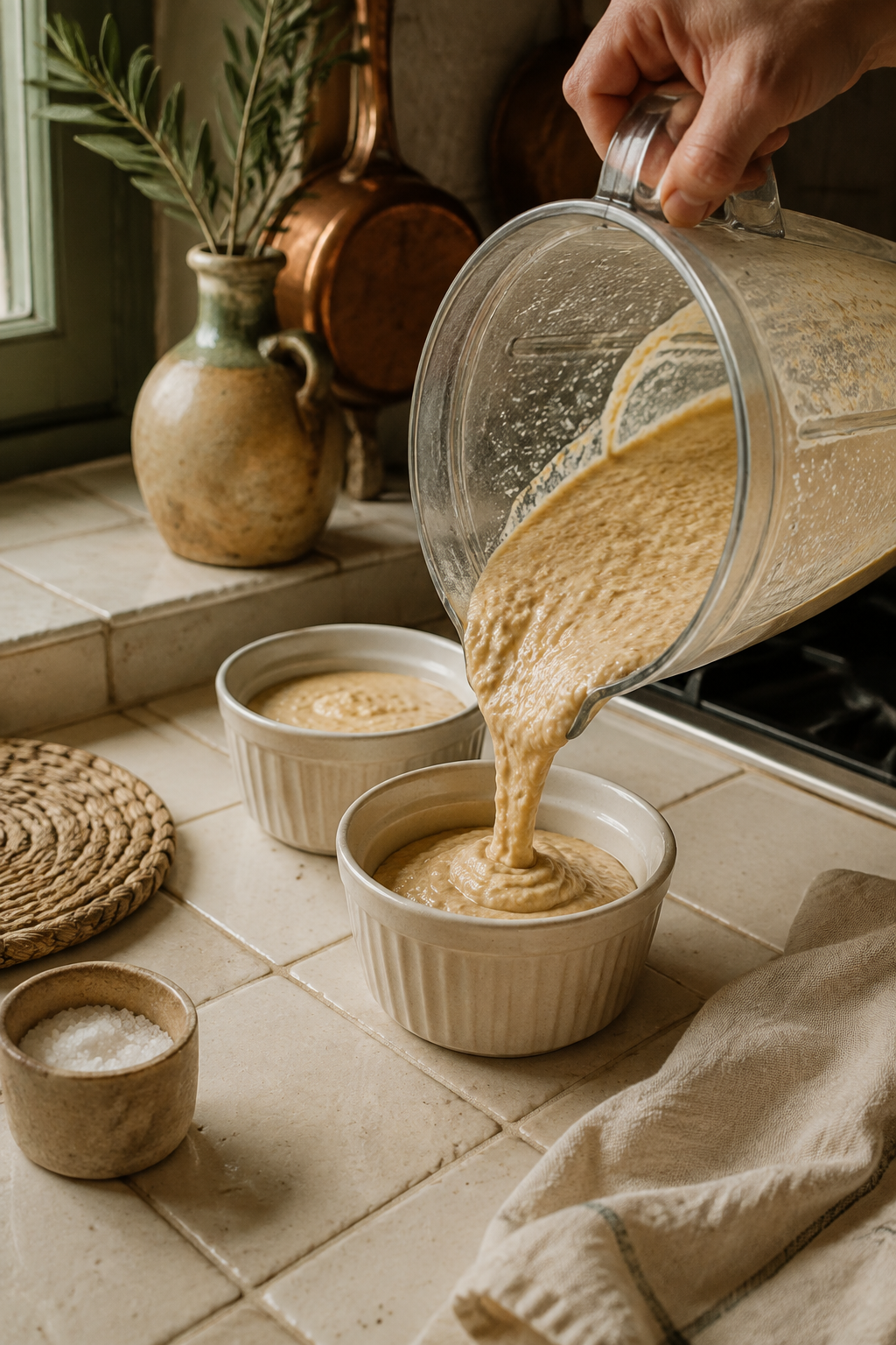 Baked oats batter being poured into ramekins