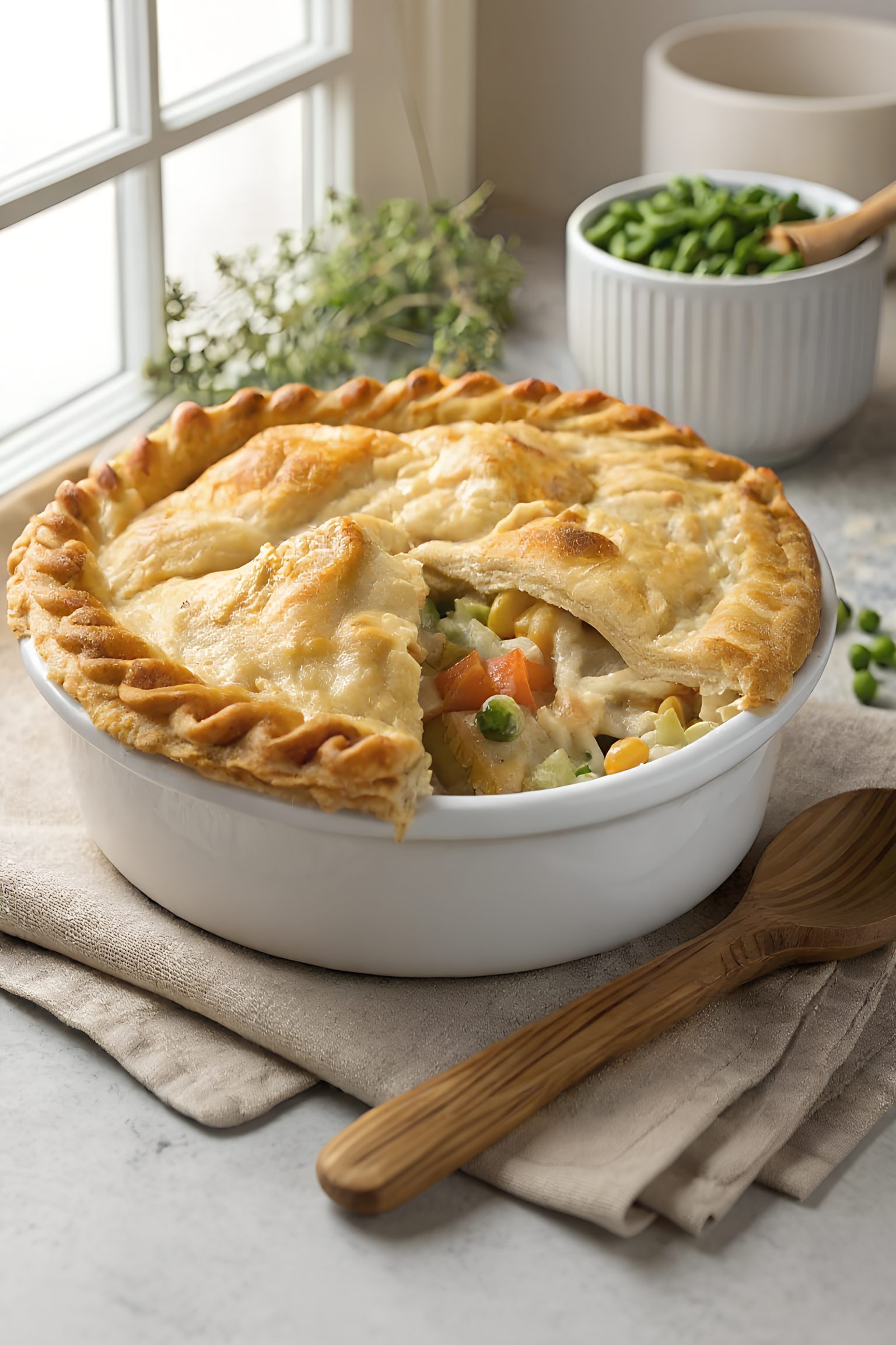 Easy chicken pot pie with a golden flaky crust