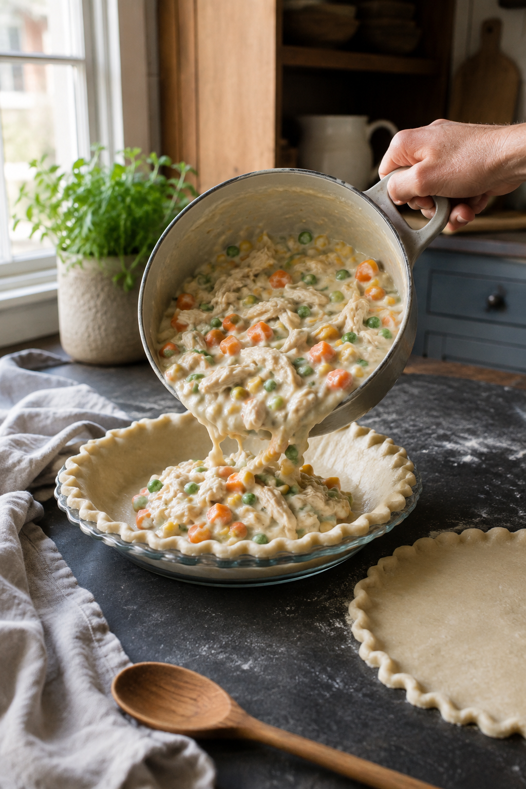 Creamy chicken filling being poured into pie crust