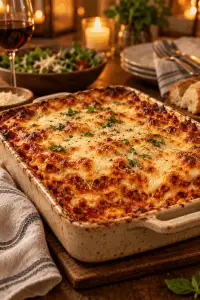 easy lasagna recipe served in a baking dish