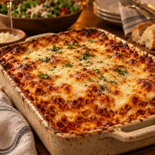 easy lasagna recipe served in a baking dish