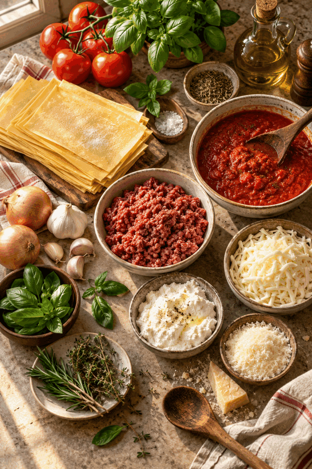 lasagna ingredients arranged for cooking