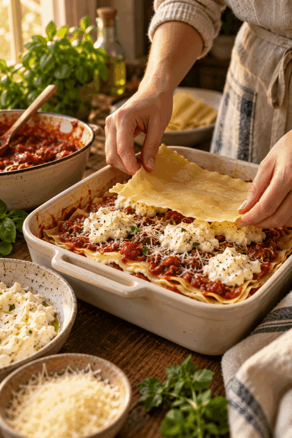 layered lasagna being assembled
