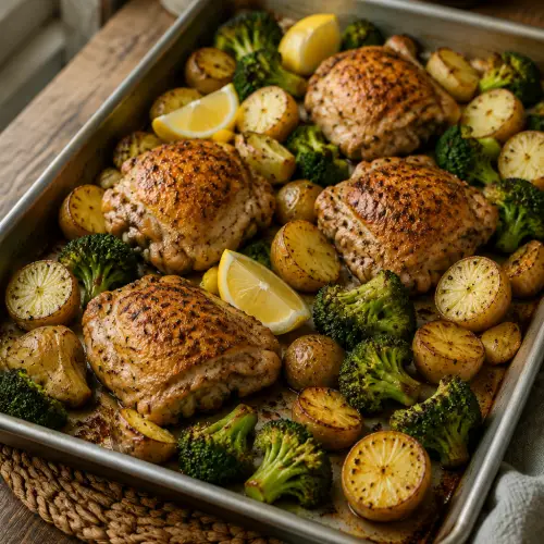 easy sheet pan chicken dinner finished and ready to serve