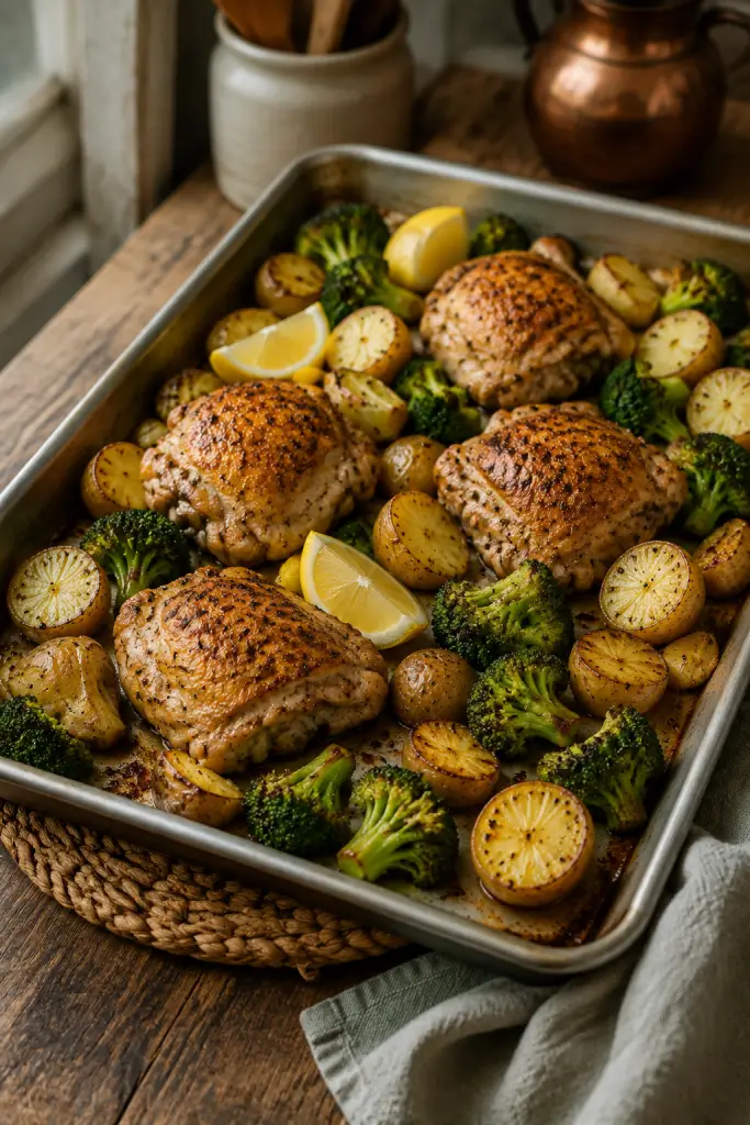 easy sheet pan chicken dinner finished and ready to serve