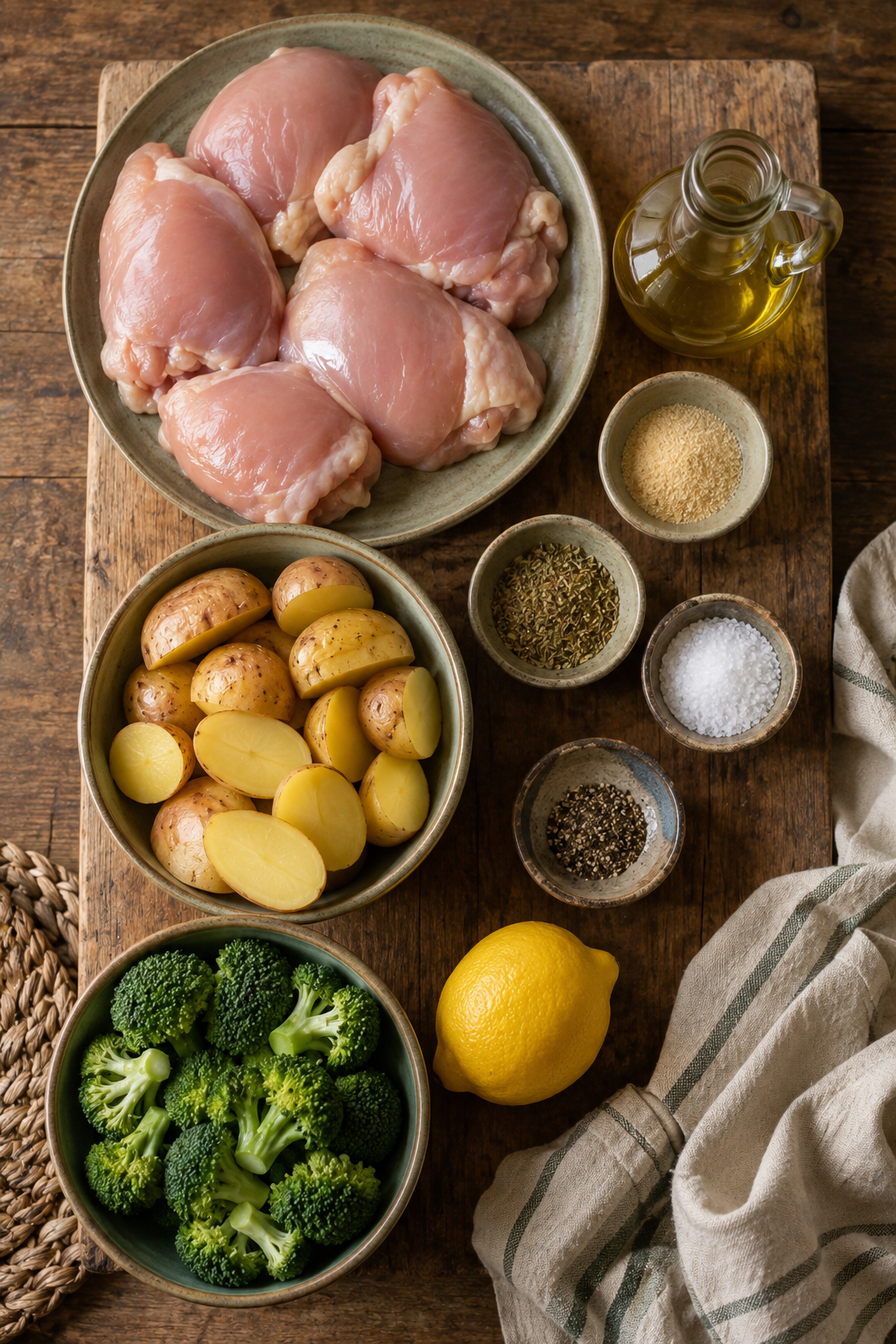 easy sheet pan chicken dinner ingredients measured and arranged