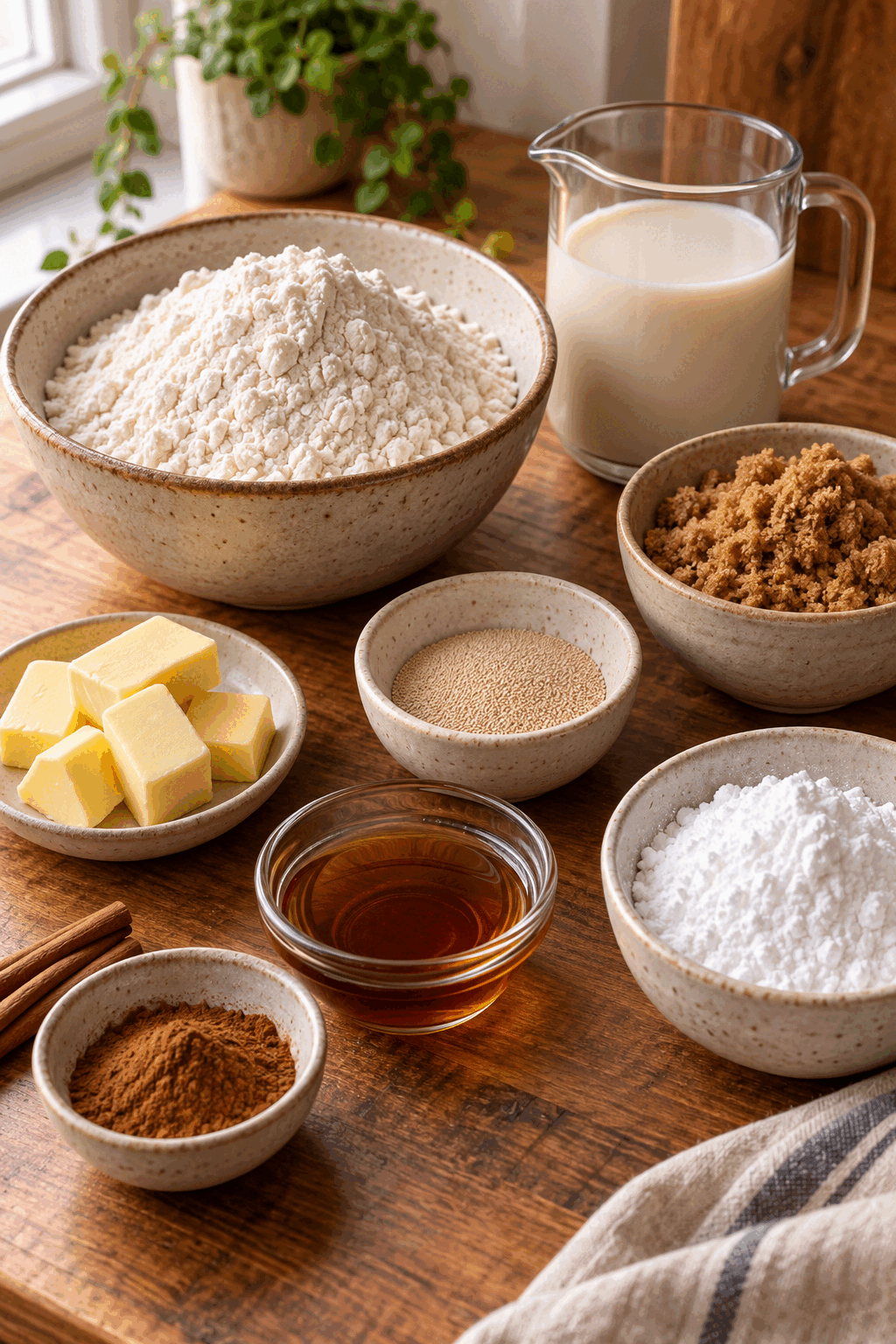 vegan cinnamon rolls ingredients measured and arranged