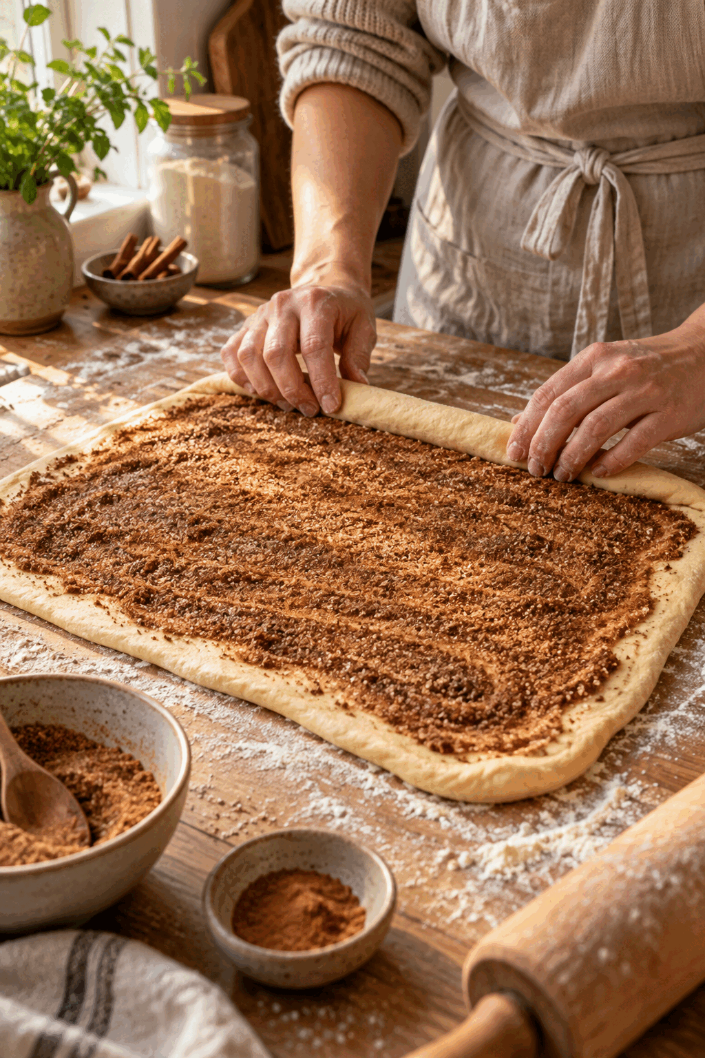 vegan cinnamon rolls dough being rolled and filled