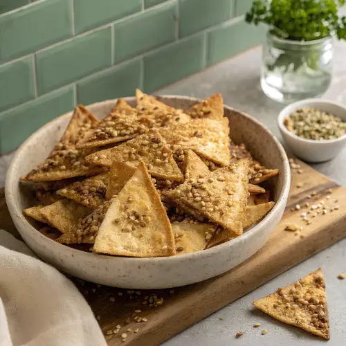 Egyptian dukkah pita chips in a ceramic bowl