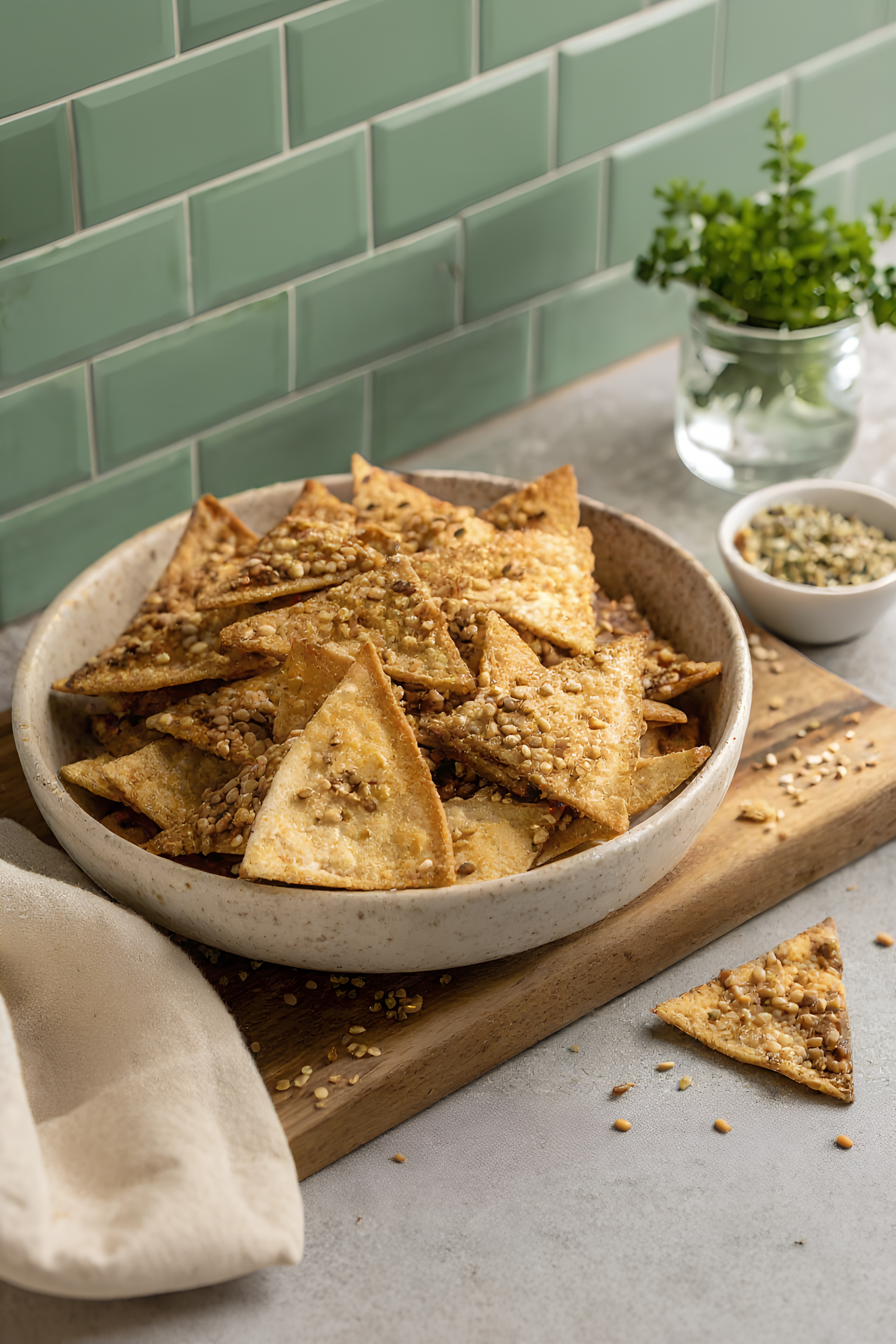 Egyptian dukkah pita chips in a ceramic bowl