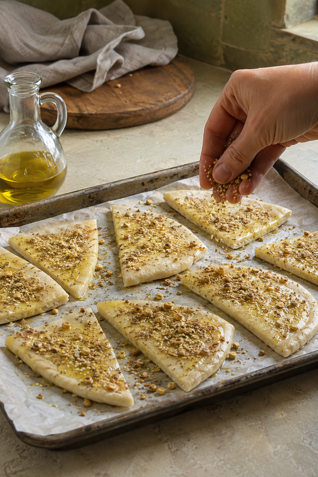 Dukkah seasoning sprinkled over pita wedges