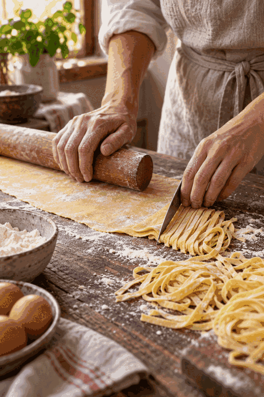 Rolling and slicing homemade egg noodles