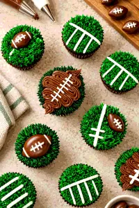 Football cupcakes with chocolate frosting