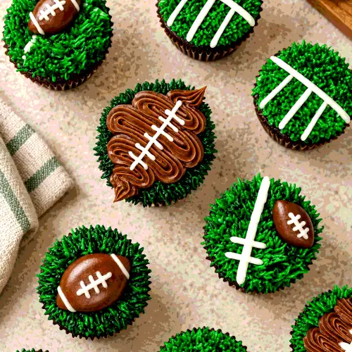 Football cupcakes with chocolate frosting