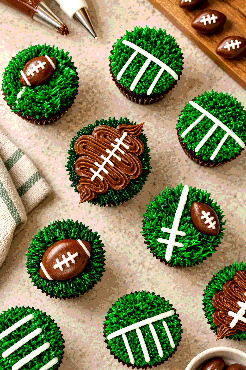 Football cupcakes with chocolate frosting