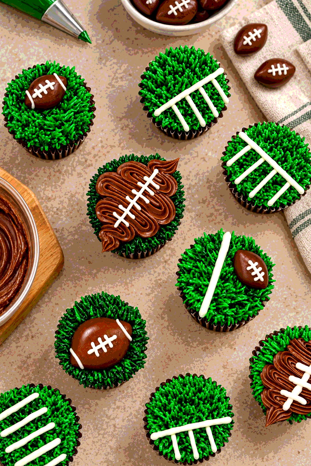 Decorating football cupcakes with chocolate and green frosting