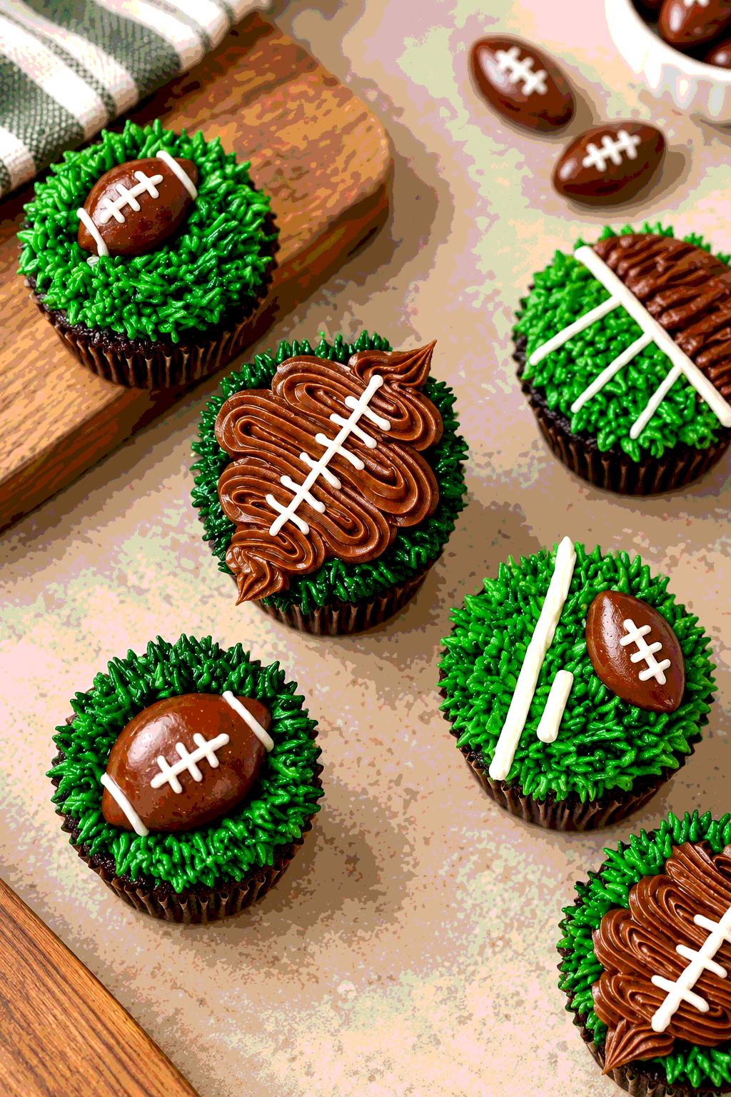 Finished football cupcakes with chocolate frosting and white laces