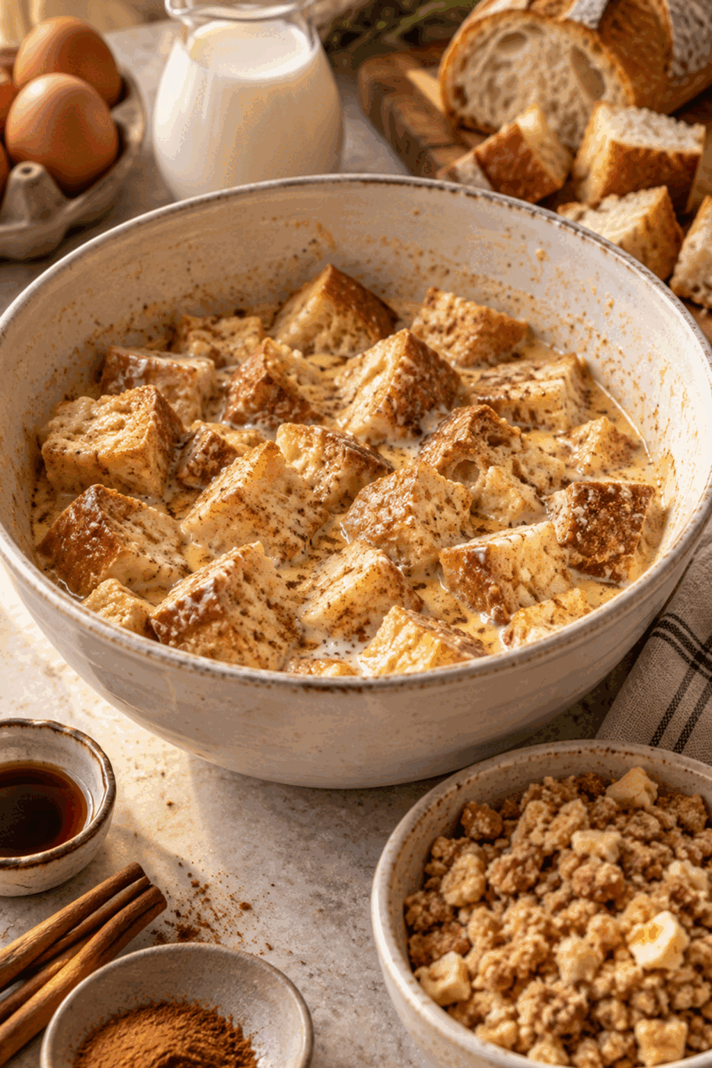 French toast casserole being assembled before baking