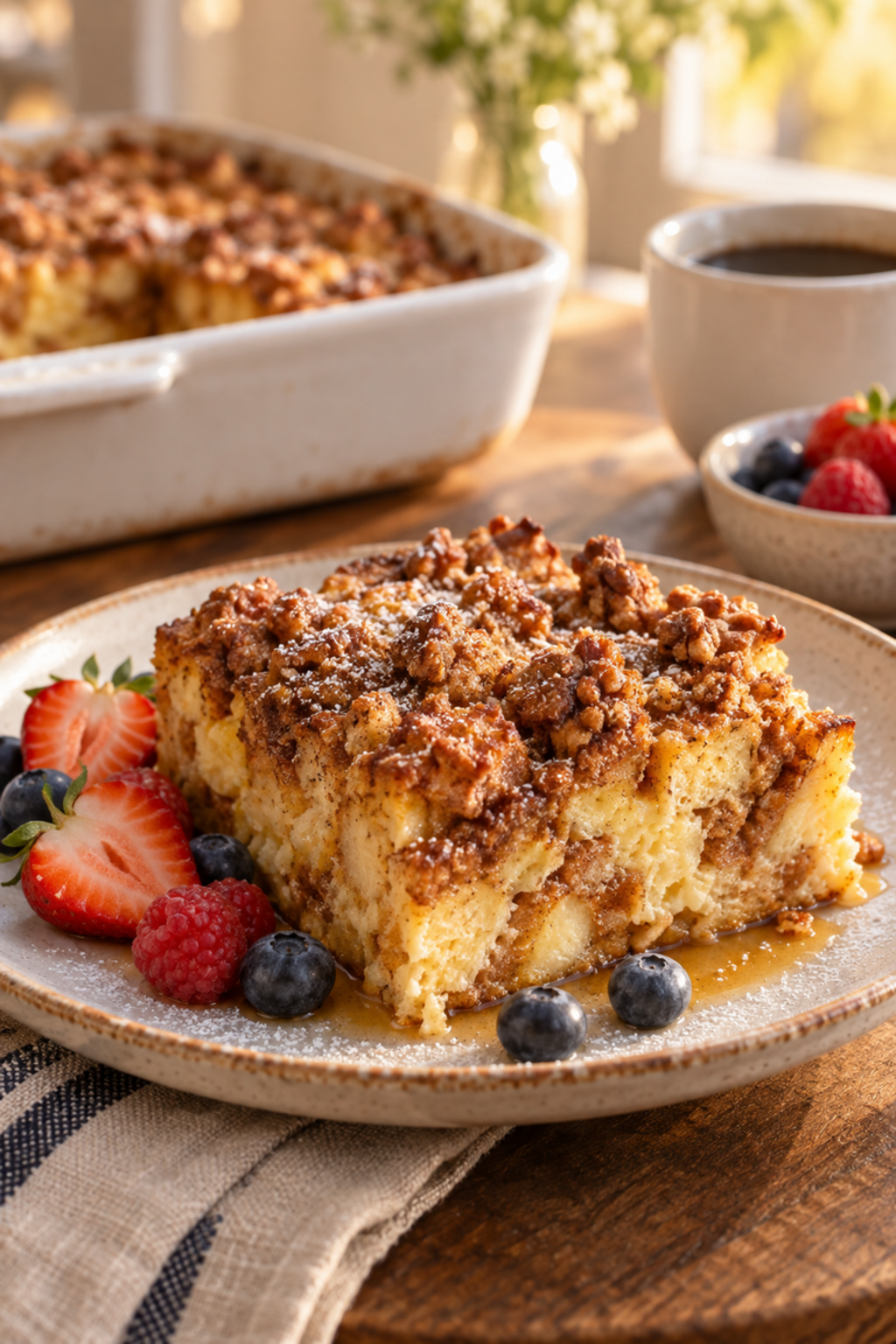 Baked French toast casserole with a golden cinnamon crumble